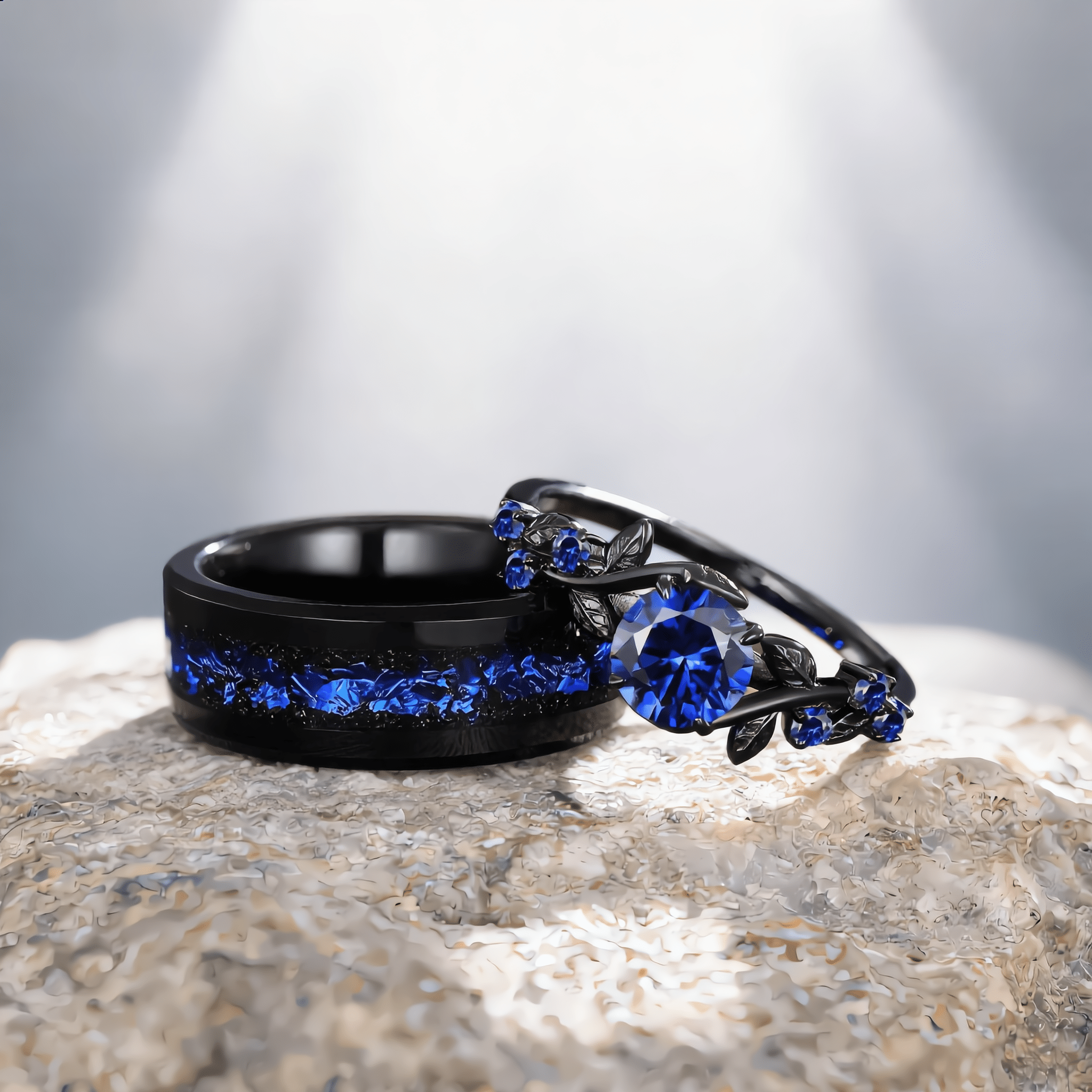 Unique Blue Sapphire Engagement Ring Gothic Black Gold His&Her Sapphire Matching Wedding Band Men's Tungsten Ring Leaf Design Stacking Rings - anerjuly