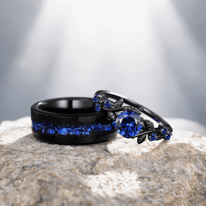 Unique Blue Sapphire Engagement Ring Gothic Black Gold His&Her Sapphire Matching Wedding Band Men's Tungsten Ring Leaf Design Stacking Rings - anerjuly