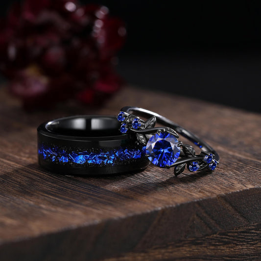 Unique Blue Sapphire Engagement Ring Gothic Black Gold His&Her Sapphire Matching Wedding Band Men's Tungsten Ring Leaf Design Stacking Rings - anerjuly
