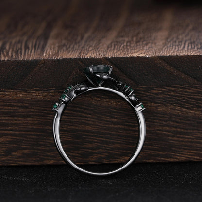 Unique Blue Sapphire Engagement Ring Gothic Black Gold His&Her Sapphire Matching Wedding Band Men's Tungsten Ring Leaf Design Stacking Rings - anerjuly