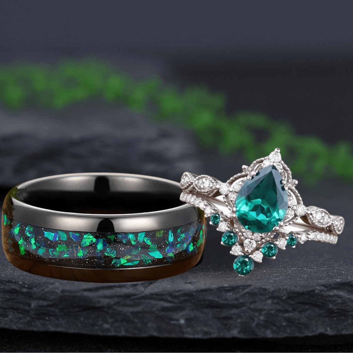 Unique Emerald Pear Cut Bridal Set Green Opal Tungsten Unique His and Hers Rings Couple Ring - anerjuly