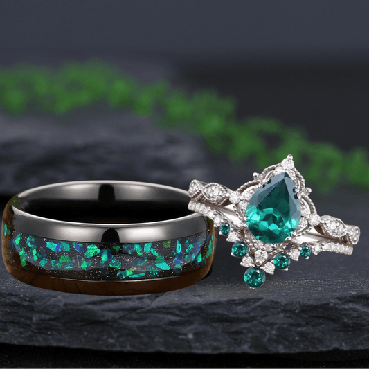 Unique Emerald Pear Cut Bridal Set Green Opal Tungsten Unique His and Hers Rings Couple Ring - anerjuly