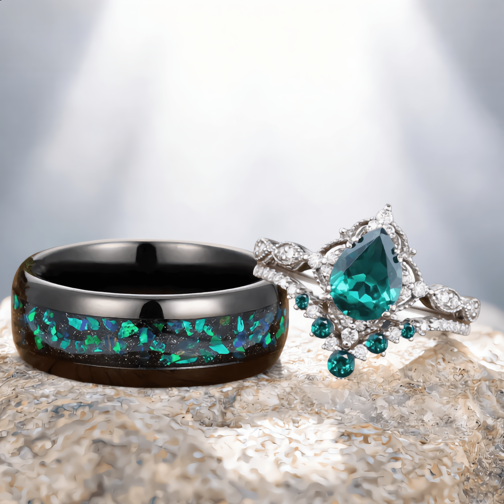 Unique Emerald Pear Cut Bridal Set Green Opal Tungsten Unique His and Hers Rings Couple Ring - anerjuly