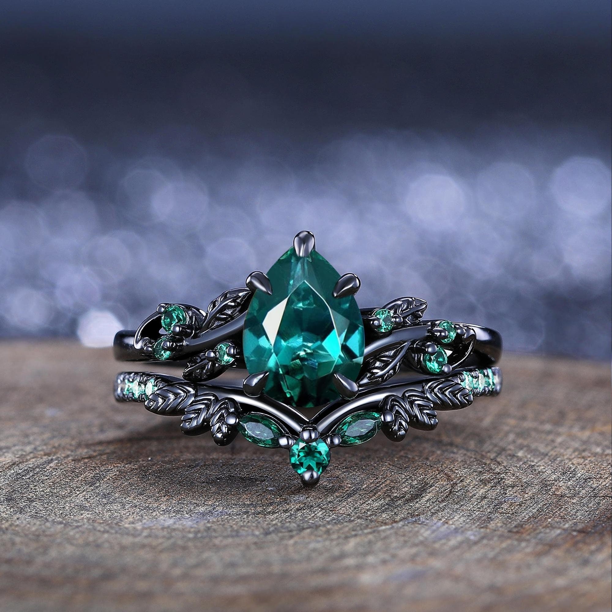 Unique Emerald Pear Cut Leaf Design Tungsten Unique His and Hers Rings Couple Ring - anerjuly