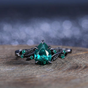 Unique Emerald Pear Cut Leaf Design Tungsten Unique His and Hers Rings Couple Ring - anerjuly