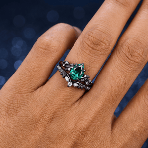 Unique Emerald Pear Cut Leaf Design Tungsten Unique His and Hers Rings Couple Ring - anerjuly