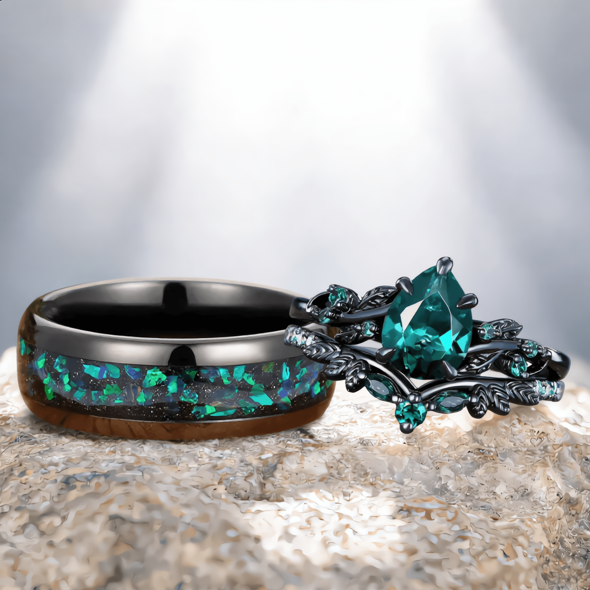 Unique Emerald Pear Cut Leaf Design Tungsten Unique His and Hers Rings Couple Ring - anerjuly