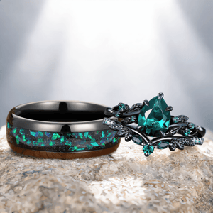 Unique Emerald Pear Cut Leaf Design Tungsten Unique His and Hers Rings Couple Ring - anerjuly