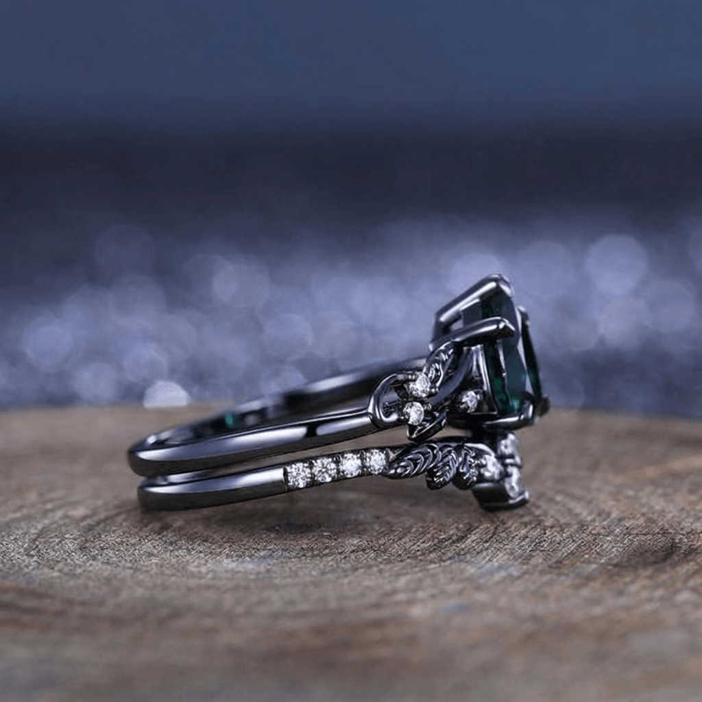 Unique Emerald Pear Cut Leaf Design Tungsten Unique His and Hers Rings Couple Ring - anerjuly