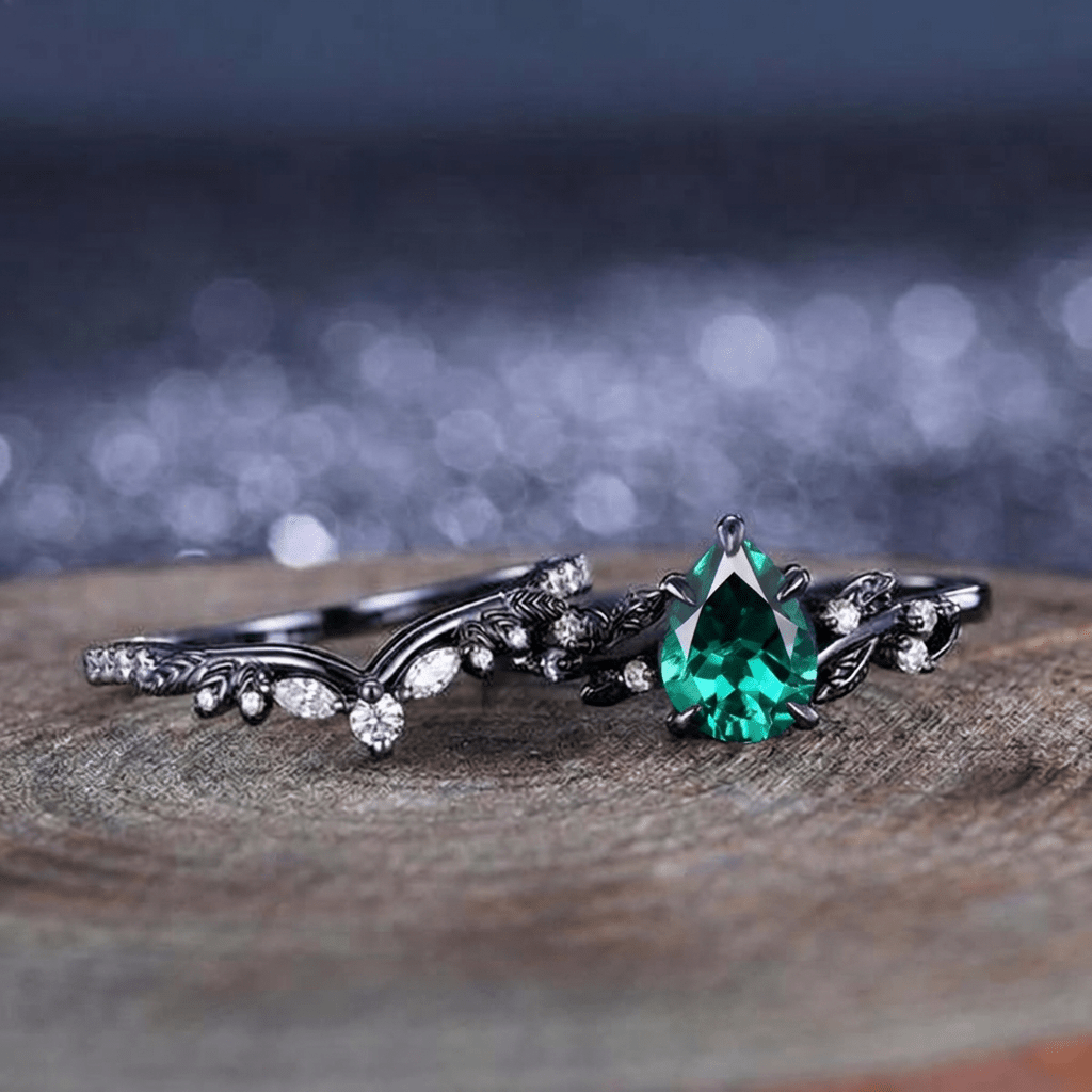 Unique Emerald Pear Cut Leaf Design Tungsten Unique His and Hers Rings Couple Ring - anerjuly