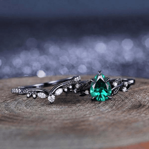 Unique Emerald Pear Cut Leaf Design Tungsten Unique His and Hers Rings Couple Ring - anerjuly