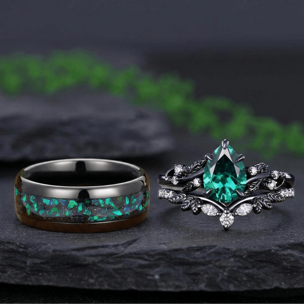 Unique Emerald Pear Cut Leaf Design Tungsten Unique His and Hers Rings Couple Ring - anerjuly