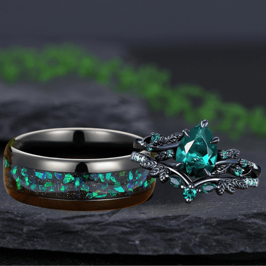 Unique Emerald Pear Cut Leaf Design Tungsten Unique His and Hers Rings Couple Ring - anerjuly