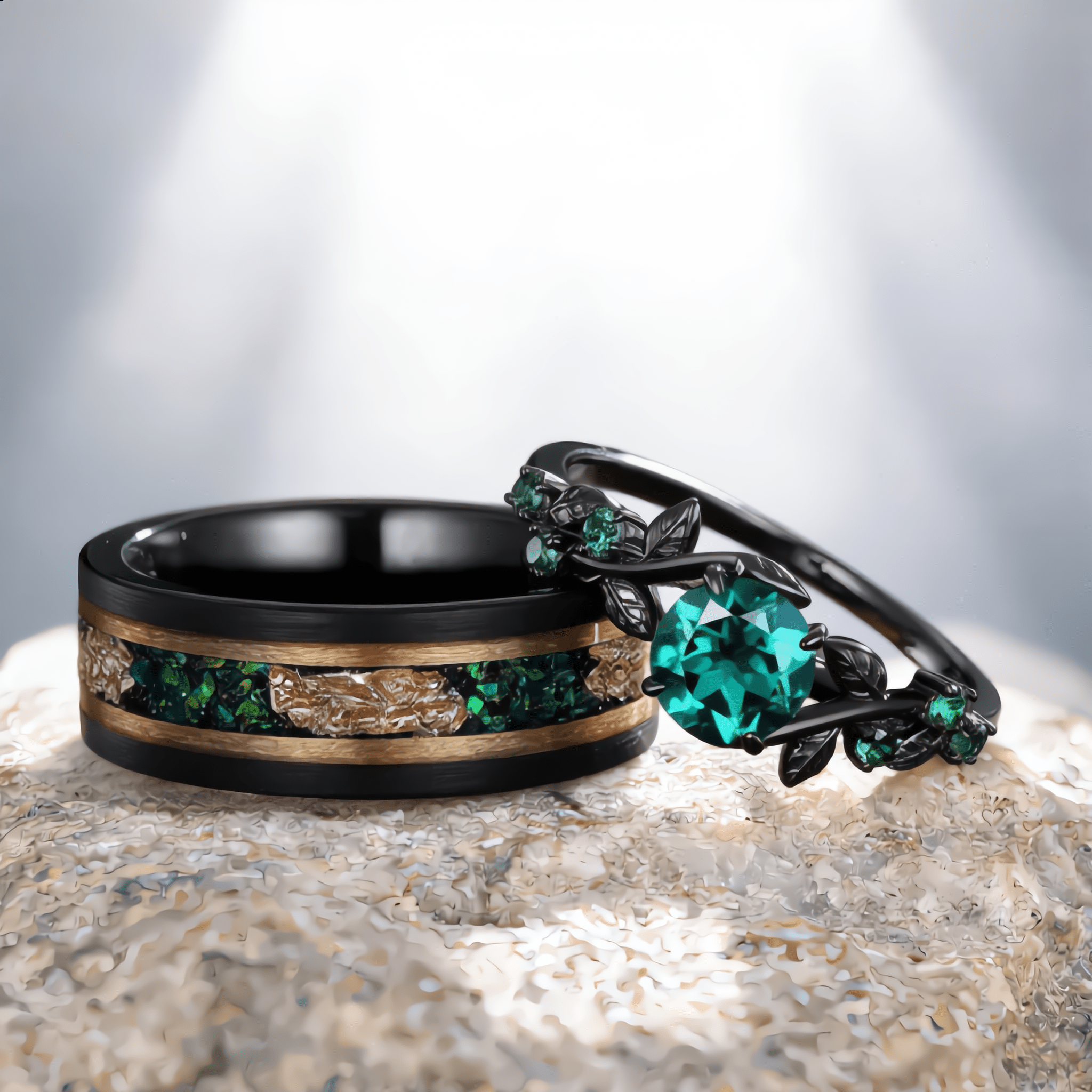 Unique Green Emerald Engagement Ring Gothic Black Gold His&Her Emerald Matching Wedding Band Men's Tungsten Ring Leaf Design Stacking Rings - anerjuly
