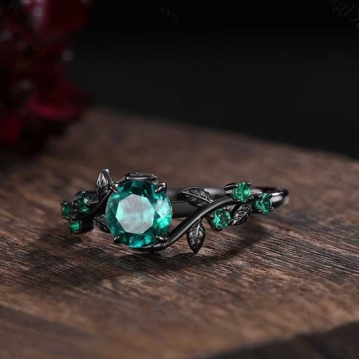 Unique Green Emerald Engagement Ring Gothic Black Gold His&Her Emerald Matching Wedding Band Men's Tungsten Ring Leaf Design Stacking Rings - anerjuly
