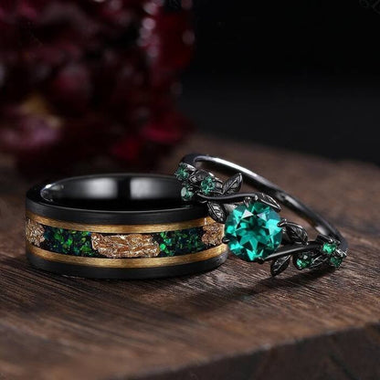 Unique Green Emerald Engagement Ring Gothic Black Gold His&Her Emerald Matching Wedding Band Men's Tungsten Ring Leaf Design Stacking Rings - anerjuly