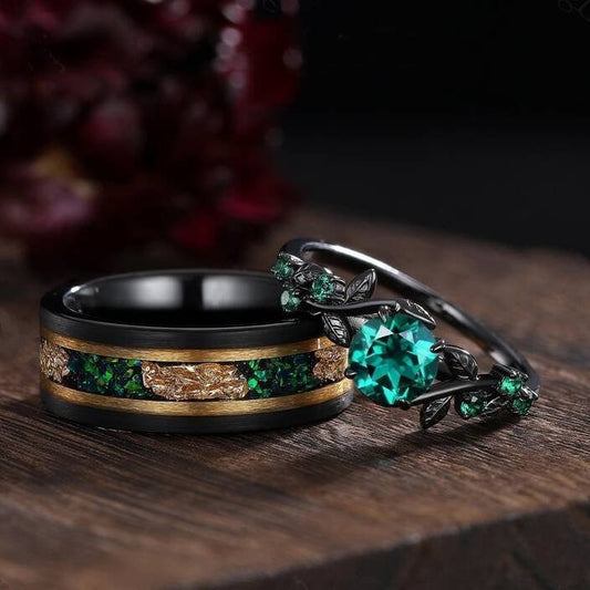 Unique Green Emerald Engagement Ring Gothic Black Gold His&Her Emerald Matching Wedding Band Men's Tungsten Ring Leaf Design Stacking Rings - anerjuly