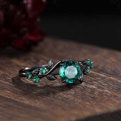 Unique Green Emerald Engagement Ring Gothic Black Gold His&Her Emerald Matching Wedding Band Men's Tungsten Ring Leaf Design Stacking Rings - anerjuly