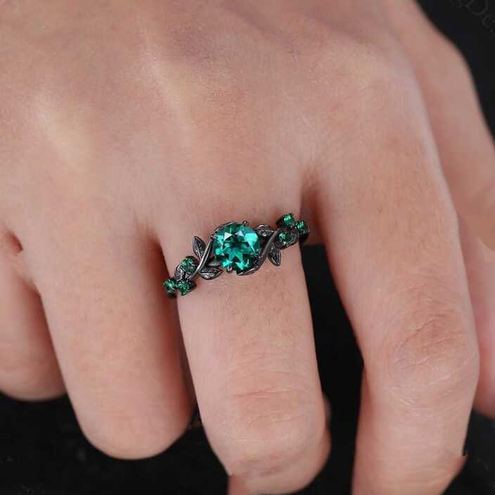 Unique Green Emerald Engagement Ring Gothic Black Gold His&Her Emerald Matching Wedding Band Men's Tungsten Ring Leaf Design Stacking Rings - anerjuly