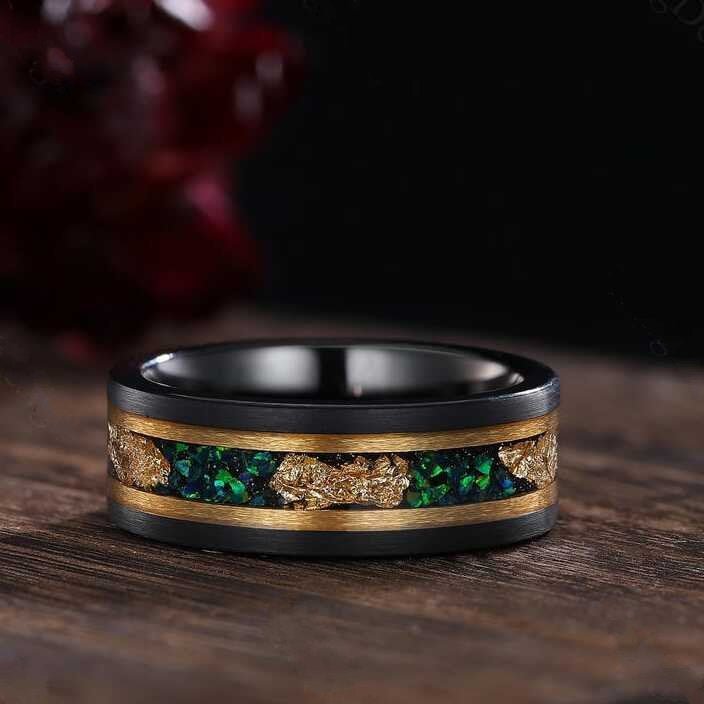 Unique Green Emerald Engagement Ring Gothic Black Gold His&Her Emerald Matching Wedding Band Men's Tungsten Ring Leaf Design Stacking Rings - anerjuly