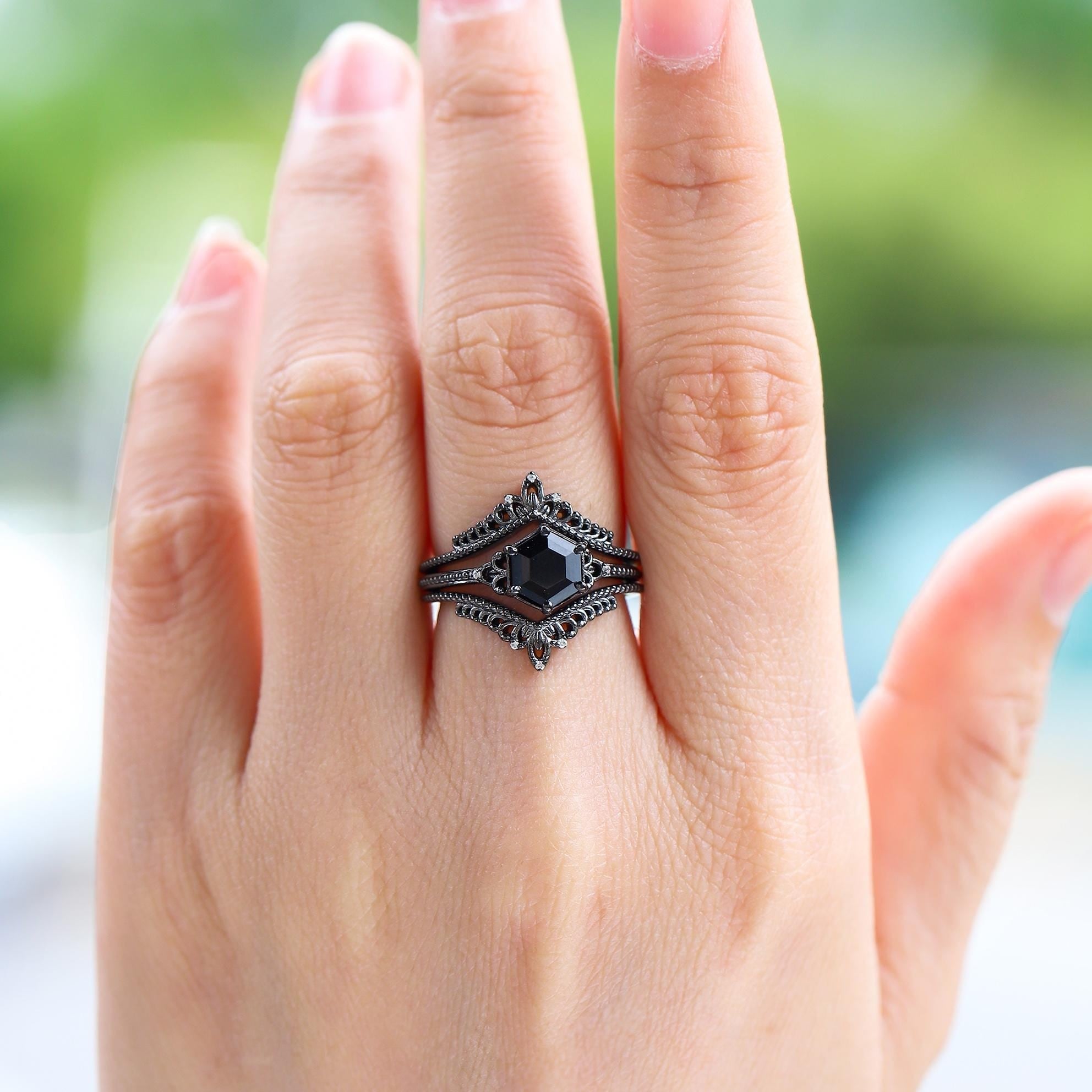 Unique Hexagon Cut Natural Black Onyx S925 Ring Flowery Design Bridal Engagement Ring - anerjuly