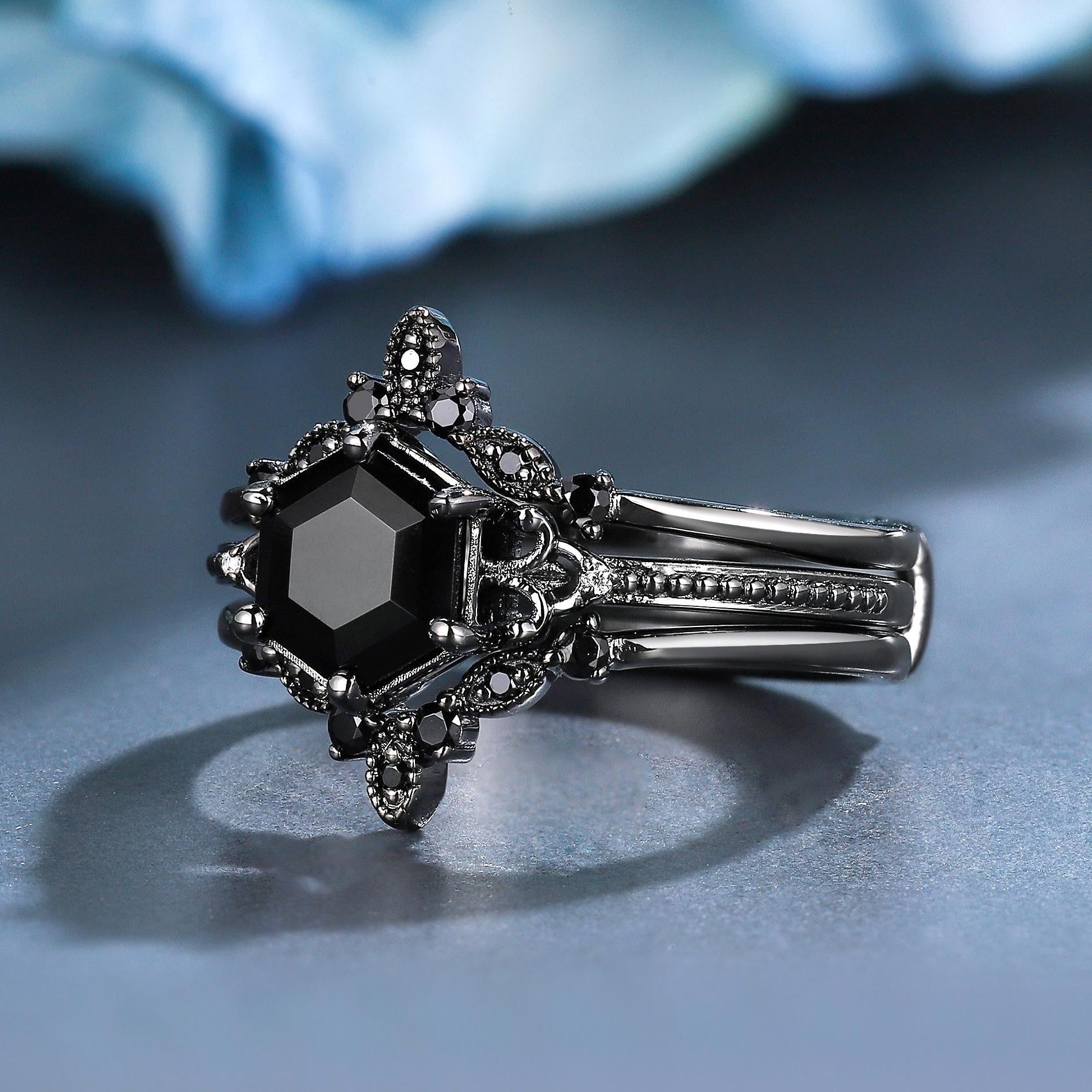 Unique Hexagon Cut Natural Black Onyx S925 Ring Flowery Design Bridal Engagement Ring - anerjuly