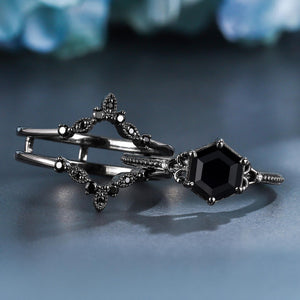 Unique Hexagon Cut Natural Black Onyx S925 Ring Flowery Design Bridal Engagement Ring - anerjuly