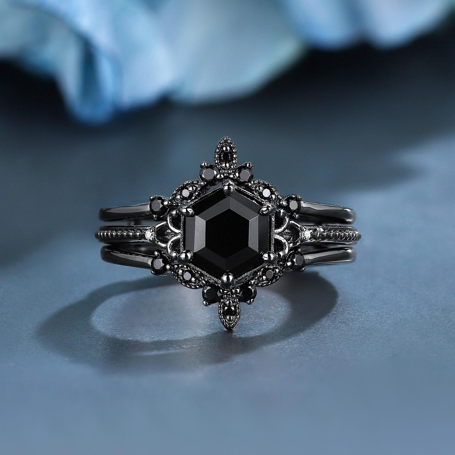 Unique Hexagon Cut Natural Black Onyx S925 Ring Flowery Design Bridal Engagement Ring - anerjuly