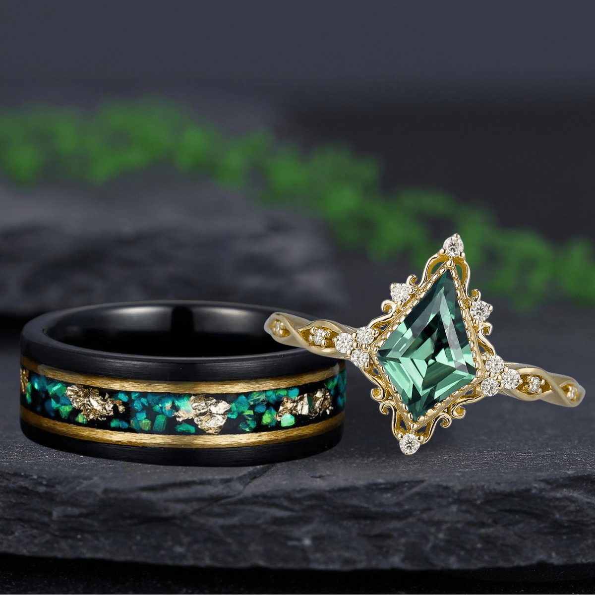 Unique Kite Cut Green Emerald Couple Ring Set Black Tungsten Gold Edge Opal His And Hers Rings - anerjuly
