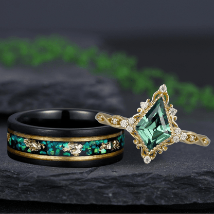 Unique Kite Cut Green Emerald Couple Ring Set Black Tungsten Gold Edge Opal His And Hers Rings - anerjuly