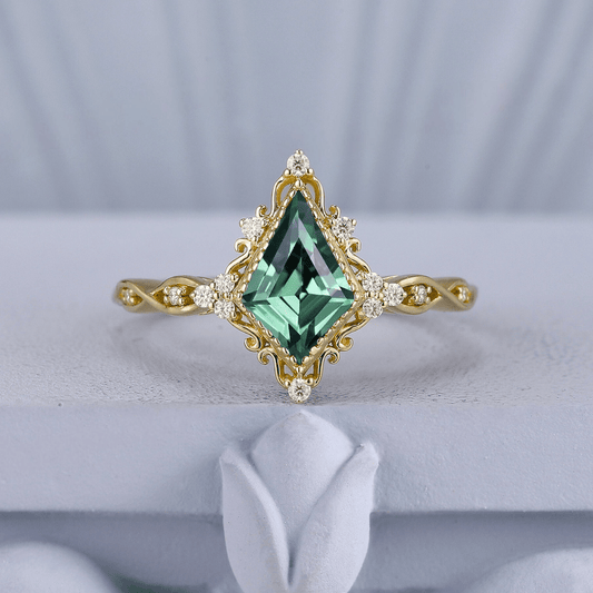 Unique Kite Cut Green Emerald Couple Ring Set Black Tungsten Gold Edge Opal His And Hers Rings - anerjuly