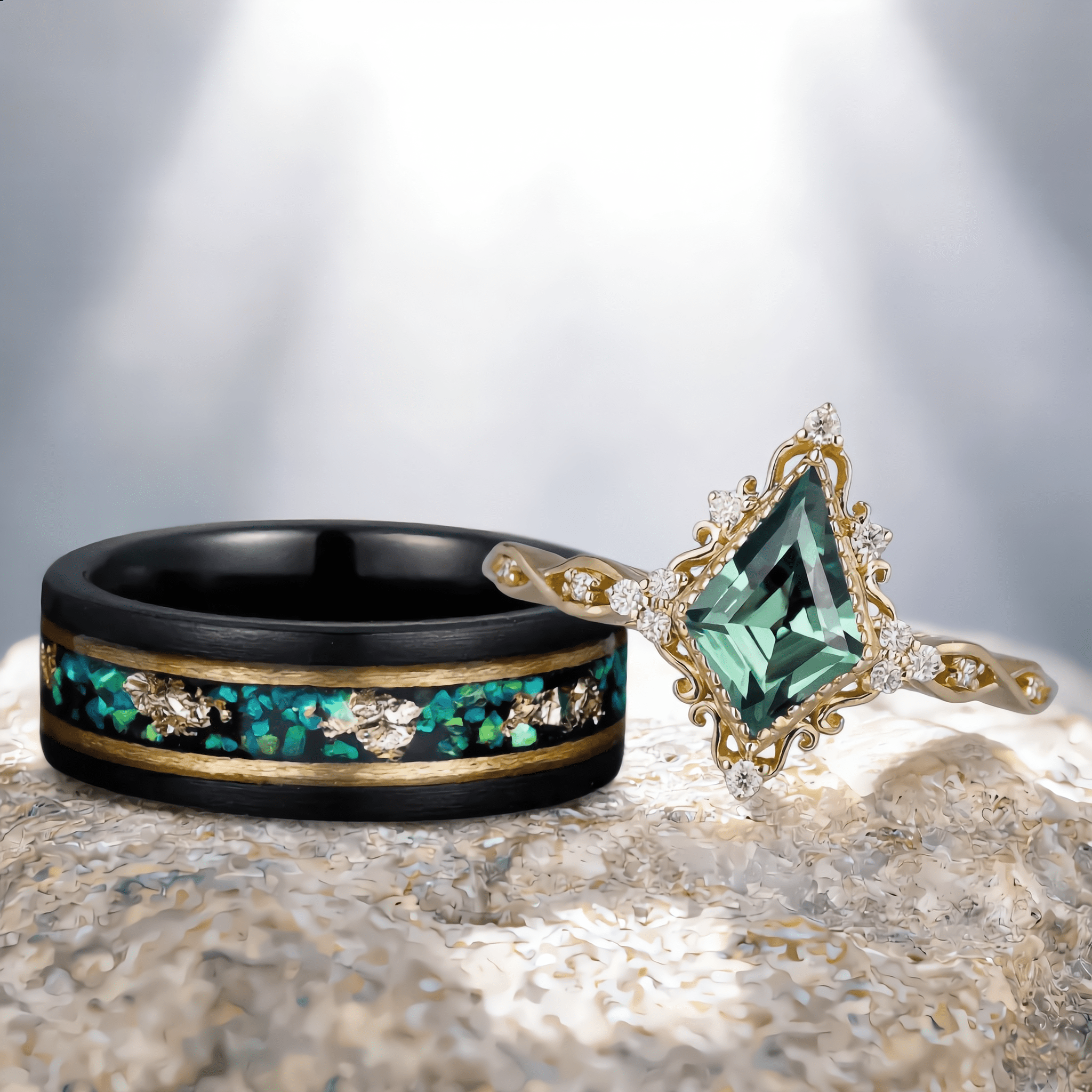 Unique Kite Cut Green Emerald Couple Ring Set Black Tungsten Gold Edge Opal His And Hers Rings - anerjuly