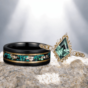 Unique Kite Cut Green Emerald Couple Ring Set Black Tungsten Gold Edge Opal His And Hers Rings - anerjuly