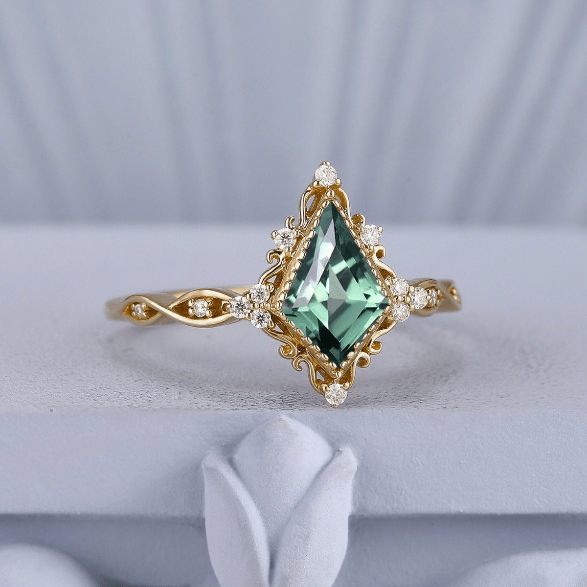 Unique Kite Cut Green Emerald Couple Ring Set Black Tungsten Gold Edge Opal His And Hers Rings - anerjuly