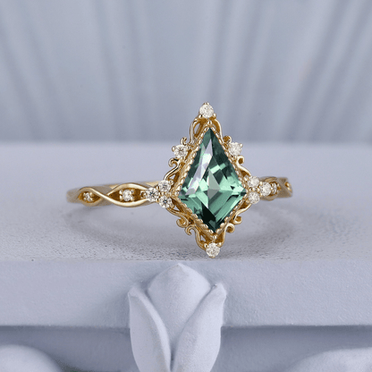 Unique Kite Cut Green Emerald Couple Ring Set Black Tungsten Gold Edge Opal His And Hers Rings - anerjuly