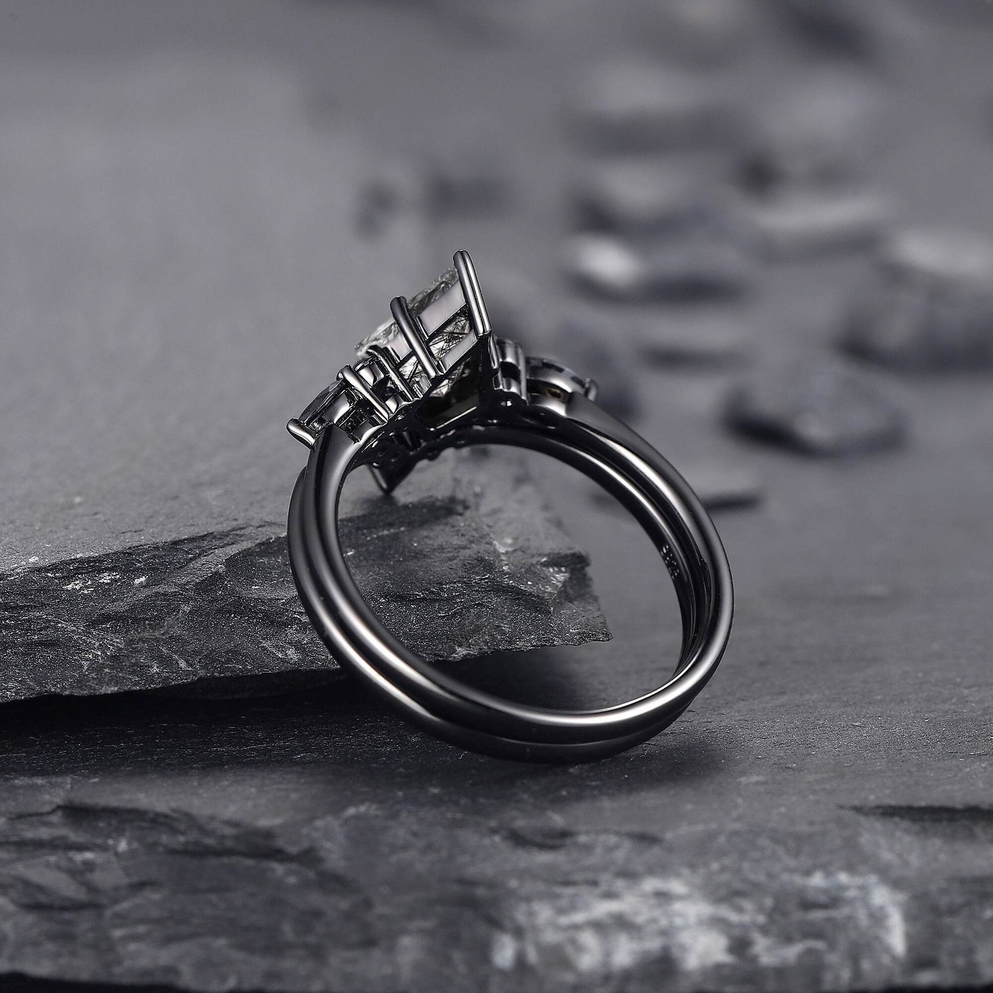 Unique Kite Cut Natural Rutilated Quartz Engagement Ring Set Art Deco Black Spinel 2pcs Bridal Ring Set Anniversary Gift Women - anerjuly