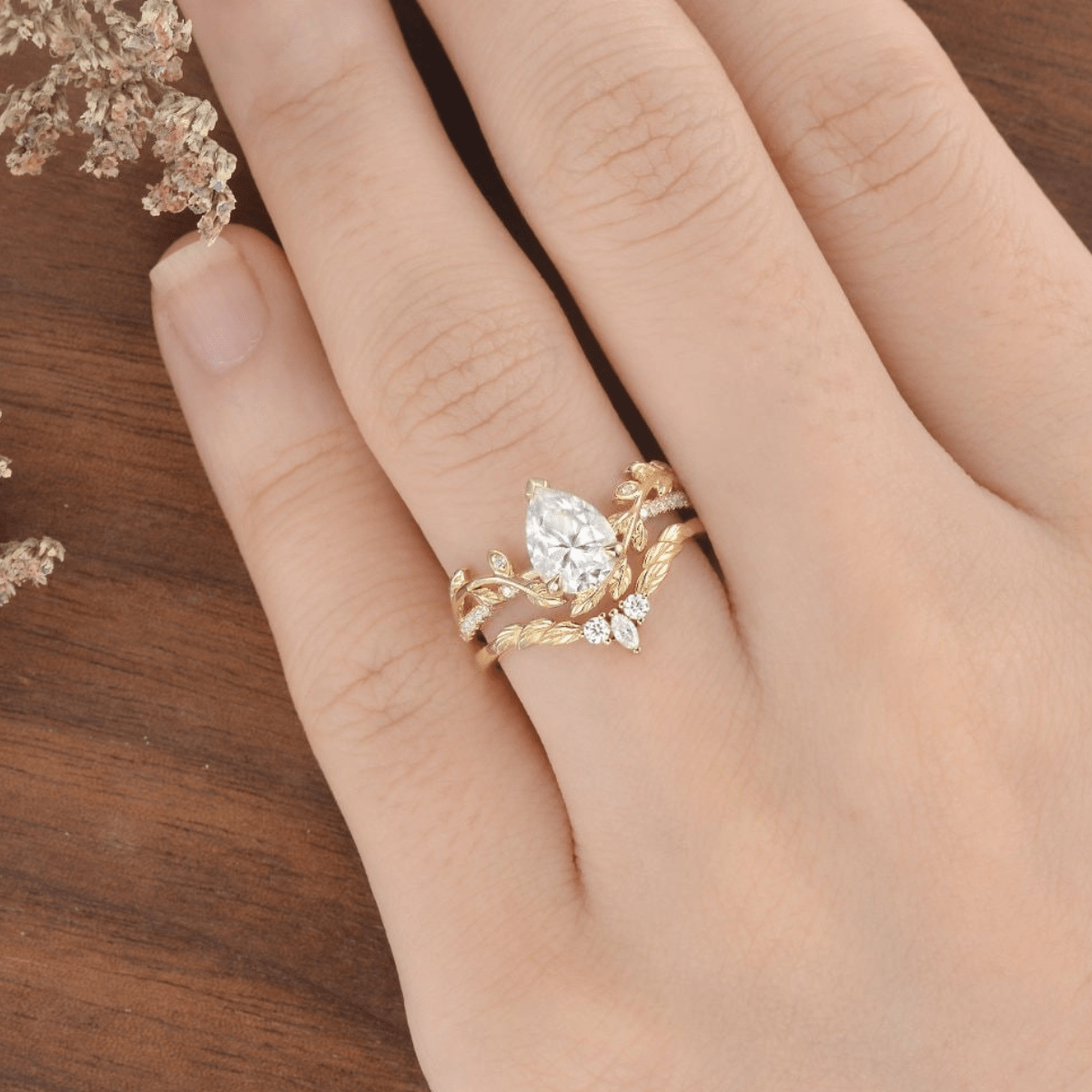 Unique Leaf Nature - Inspired Gold Pear Moissanite Engagement Ring Set Bridal Set - anerjuly
