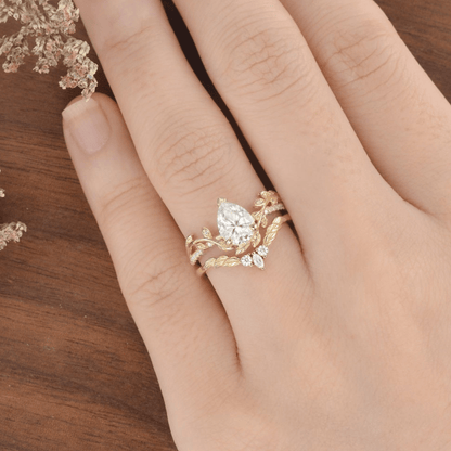 Unique Leaf Nature - Inspired Gold Pear Moissanite Engagement Ring Set Bridal Set - anerjuly
