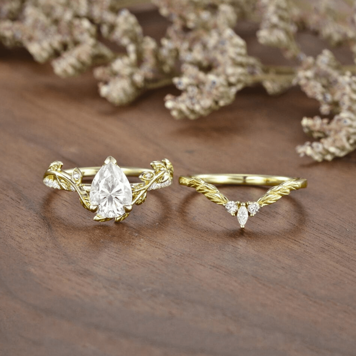 Unique Leaf Nature - Inspired Gold Pear Moissanite Engagement Ring Set Bridal Set - anerjuly