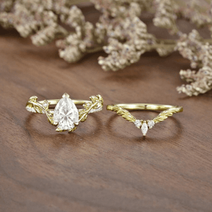 Unique Leaf Nature - Inspired Gold Pear Moissanite Engagement Ring Set Bridal Set - anerjuly
