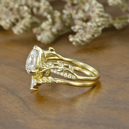 Unique Leaf Nature - Inspired Gold Pear Moissanite Engagement Ring Set Bridal Set - anerjuly