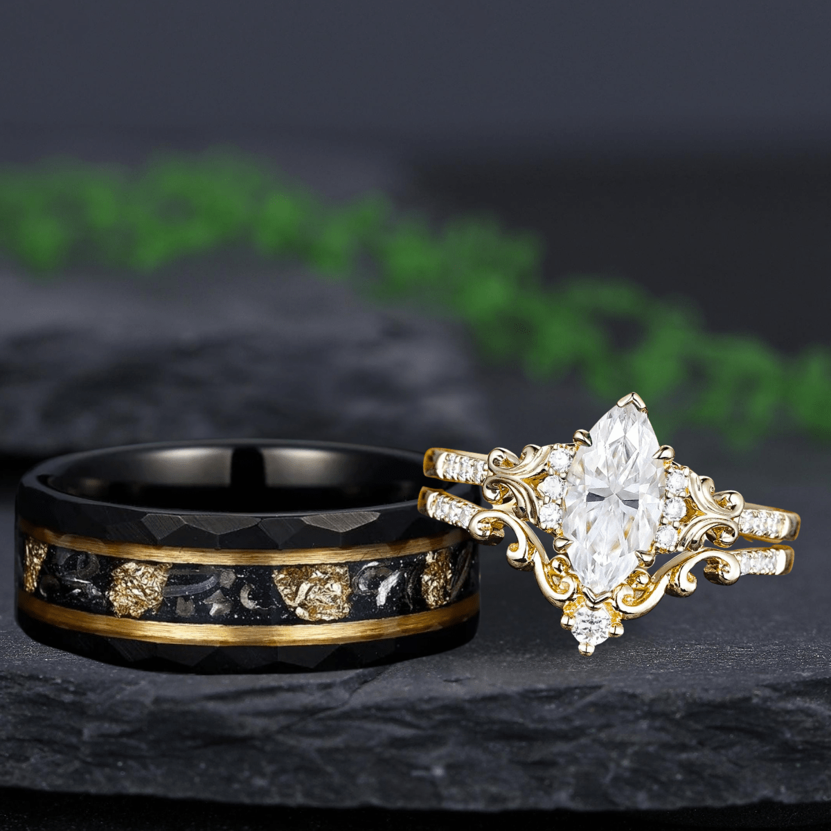 Unique Marquise shaped Bridal Set Couple Ring Set His and Her Engagement matching rings - anerjuly