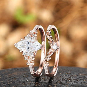 Unique Marquise shaped Bridal Set Couple Ring Set His and Her Engagement matching rings - anerjuly