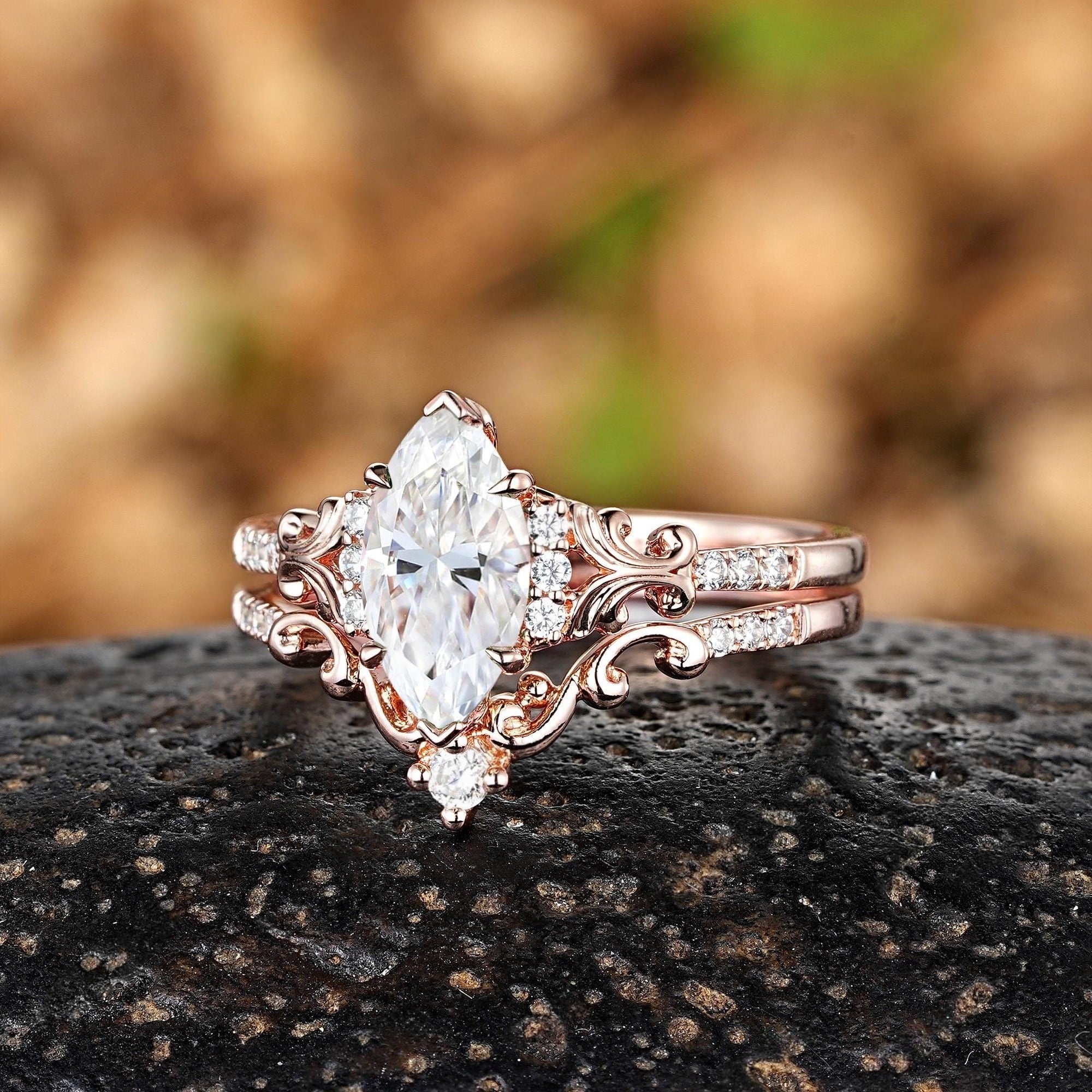 Unique Marquise shaped Bridal Set Couple Ring Set His and Her Engagement matching rings - anerjuly