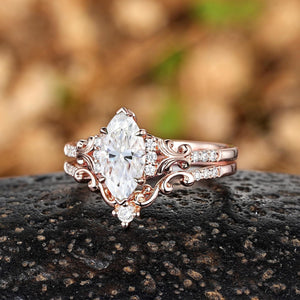 Unique Marquise shaped Bridal Set Couple Ring Set His and Her Engagement matching rings - anerjuly