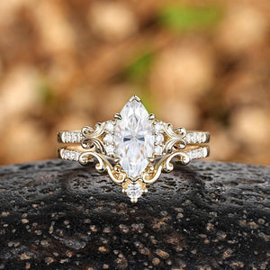 Unique Marquise shaped Bridal Set Couple Ring Set His and Her Engagement matching rings - anerjuly