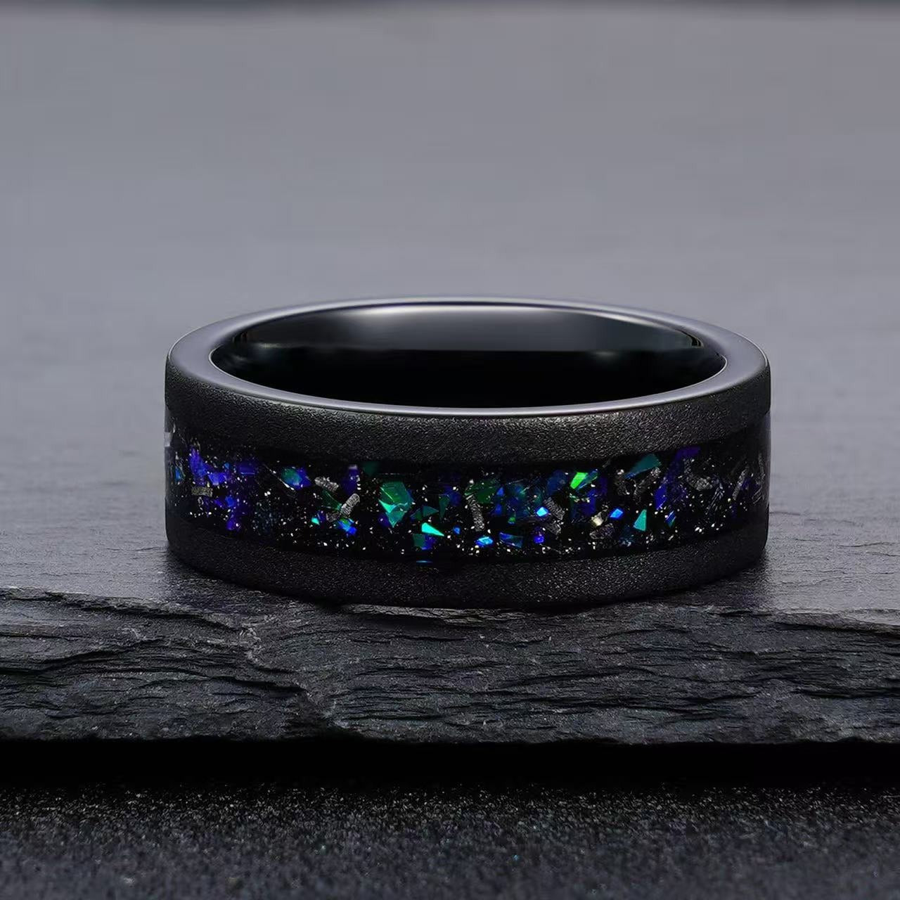 Unique Men's Black Tungsten Wedding Band Blue/Green Opal Inlay Black Tungsten Ring - anerjuly
