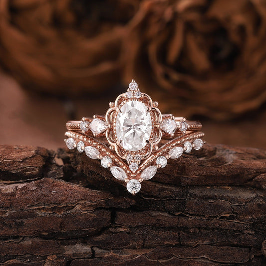 Unique Moissanite Engagement Ring Set Floral Ring Rose Gold Ring Set Leaf Ring Bridal Set Cluster Ring Vintage Rings for Women - anerjuly