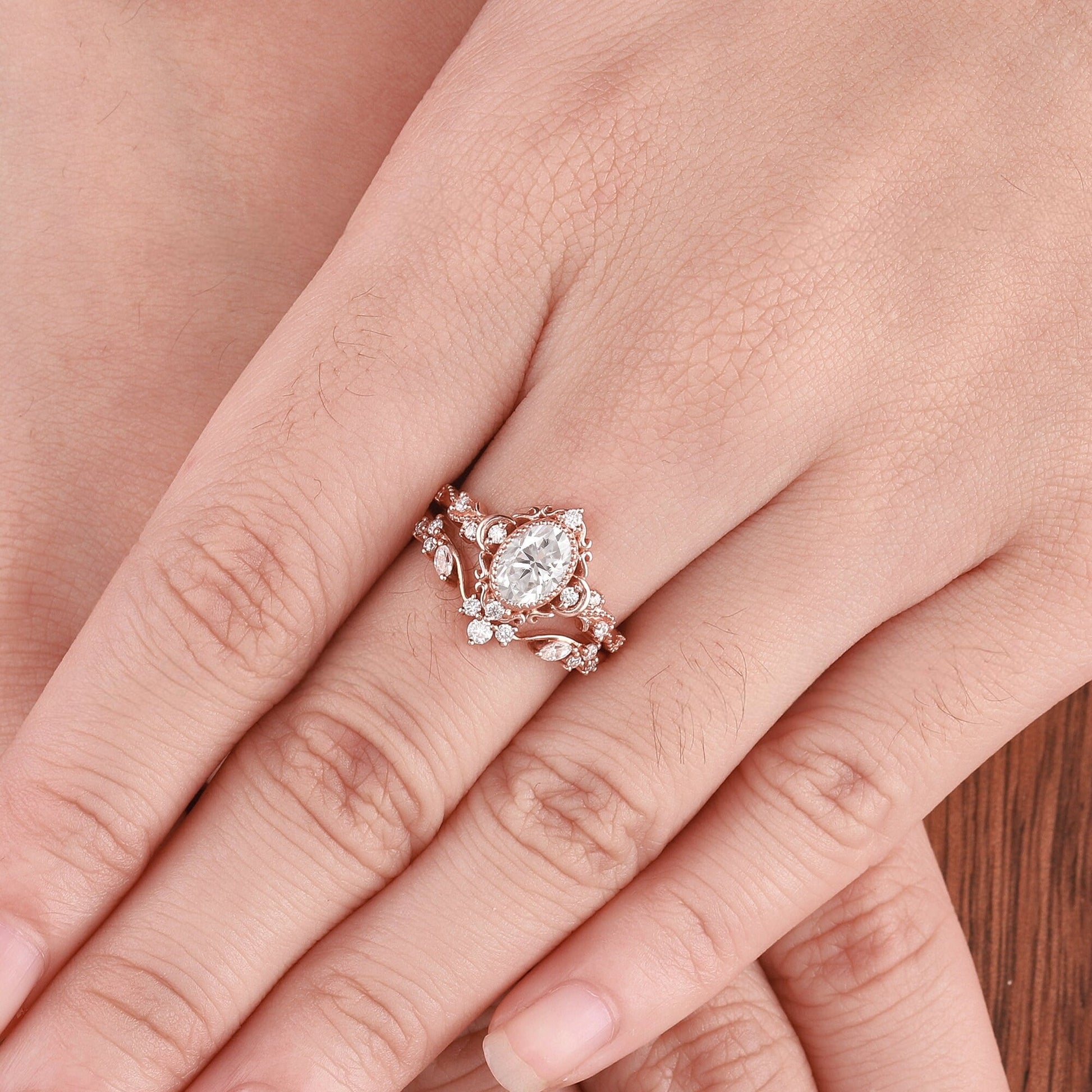 Unique Moissanite Engagement Ring Set Floral Ring Set Bridal Set Cluster Ring Vintage Rings for Women - anerjuly