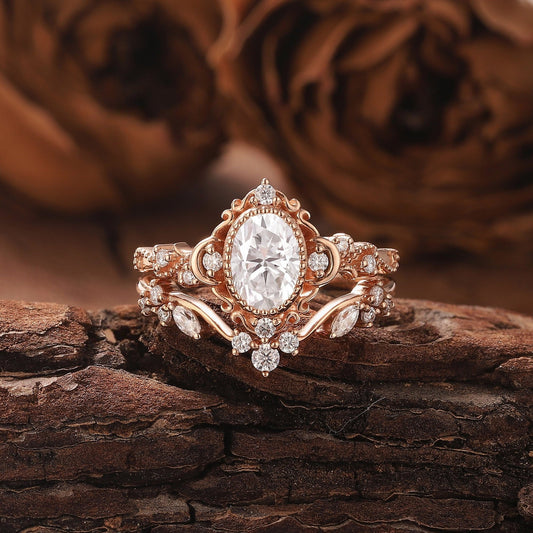 Unique Moissanite Engagement Ring Set Floral Ring Set Bridal Set Cluster Ring Vintage Rings for Women - anerjuly